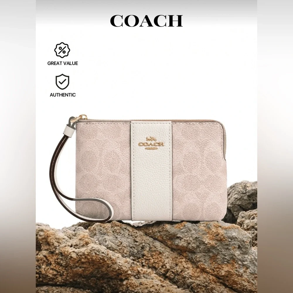 COACH. 3 Piece: Canvas & Leather Corner Zip Wristlet & Free Gift Box & Stickers. - Picture 16 of 16